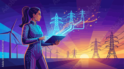 female electrical engineer in tech suit using tablet to manage power towers and wind turbines at sunset, concept for renewable energy, smart grid technology and sustainable infrastructure