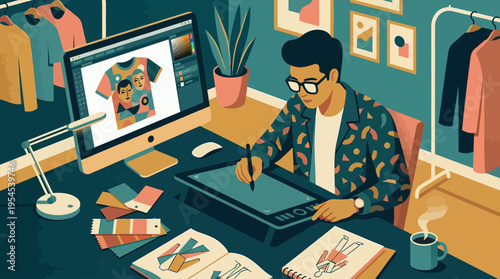 Professional fashion graphic designer creating apparel sketches using digital tablet and monitor in creative studio with fabric swatches, concept for clothing design, branding and marketing