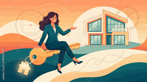 Confident real estate agent sitting on a giant golden key with house keychain against a modern villa background, concept for property investment, mortgage solutions and housing market success