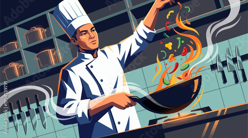 Professional executive chef tossing fresh vegetables in a flaming wok inside a commercial kitchen background illustration, concept for restaurant advertising, culinary blog and food marketing