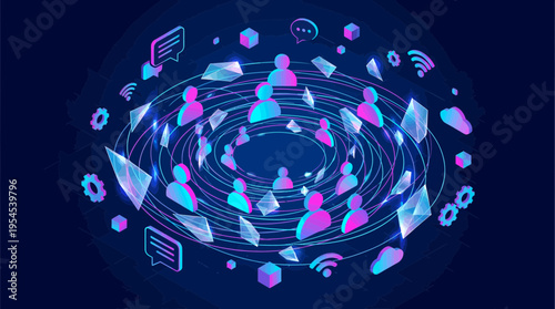 Isometric 3D digital ecosystem of business executive and office manager avatars connected by glowing rings and data icons, concept for professional networking, social media and collaboration