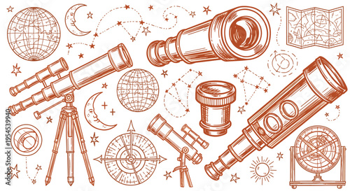 Hand drawn astronomy set with telescopes and celestial maps
