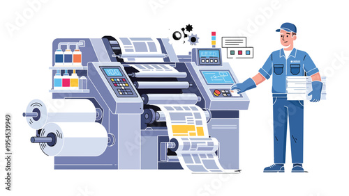 Precision Printing: An artisan stands proudly beside an impressive printing press, the machines efficiently churning out sheets of crisp print. A snapshot of industry and skill.