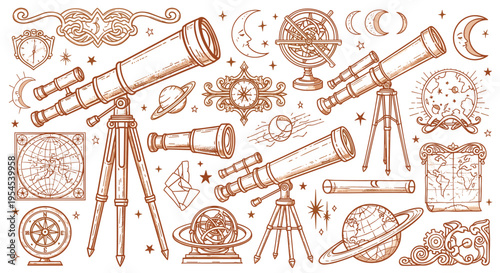 Vintage Astronomy Set with Telescopes and Celestial Maps