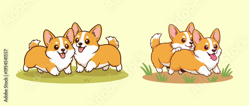 Four Adorable Corgi Dogs Playing Outdoors, Pembroke Welsh Corgi Puppies in Cartoon Style on Grass and Dirt Background, Cute Pet Illustration for Animal and Dog Lover Themes