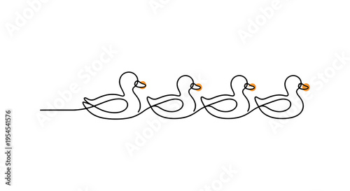 Four Ducks Continuous Line Art Vector Illustration Isolated on White Background, Minimalist Water Bird Characters for Nature, Wildlife and Serene Design
