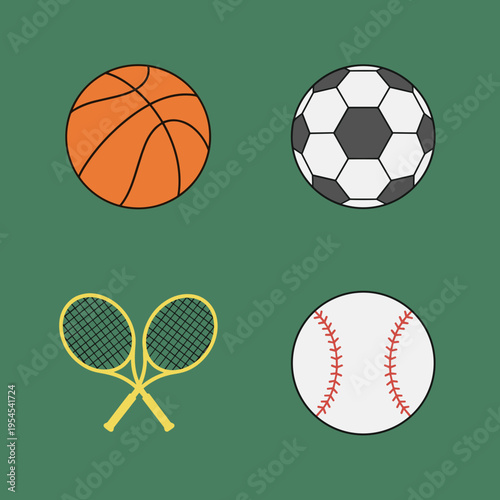 Set of Flat Design Sports Equipment Icons Isolated on Green Background, Basketball, Soccer Ball, Tennis Rackets and Baseball Symbols for Athletic and Recreation Vector Illustrations