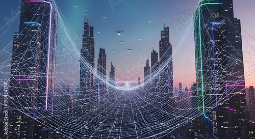 Futuristic Cityscape with Digital Network and Drones at Dusk
