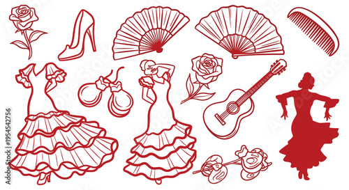 Flamenco dance elements set with traditional dresses and musical instruments