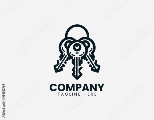 Set of metal keys hanging on a ring representing security access and property ownership in simple minimalist black vector logo style on clean white background