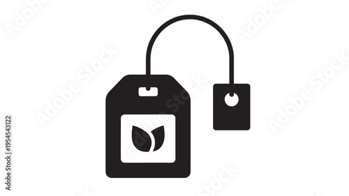 Teabag icon with green leaves symbol for natural tea and organic beverage preparation, black silhouette on white background.