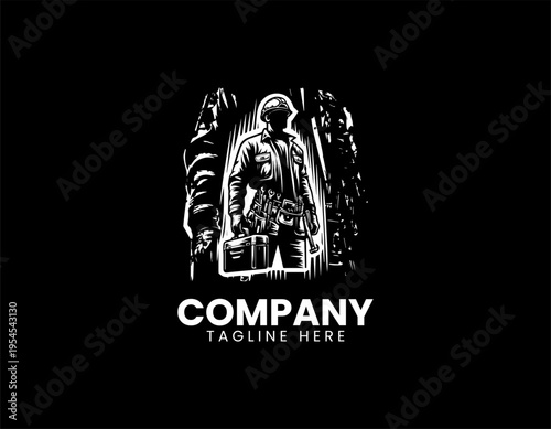 Construction worker with tool belt black vector logo illustration isolated on white background