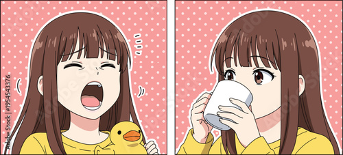 Cute Anime Girl Drinking Milk and Yawning with Duck Cartoon Character Kawaii Vector Illustration Set