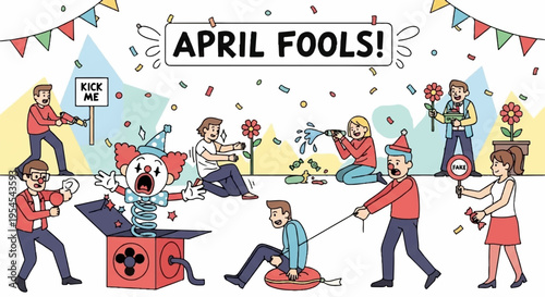 People pranking each other on april fools' day with colorful decorations and confetti