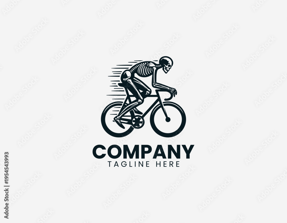 Fototapeta premium A human skeleton is illustrated riding a bicycle in a dynamic motion pose using clean modern black vector line art style on a white background