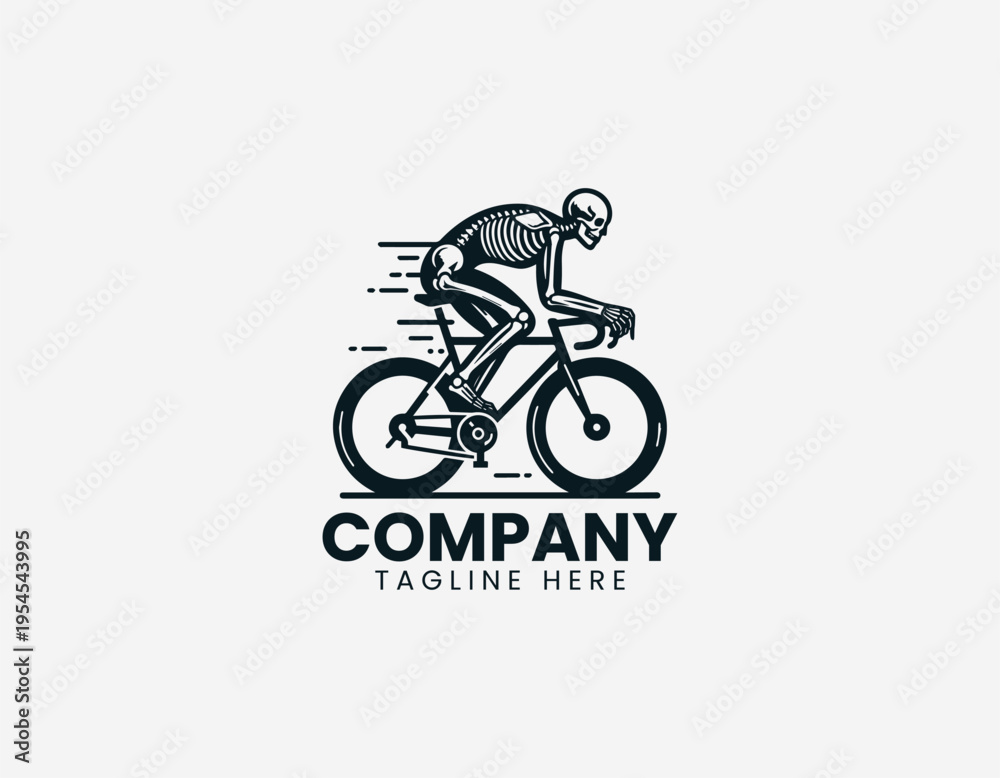 Obraz premium A human skeleton is illustrated riding a bicycle in a dynamic motion pose using clean modern black vector line art style on a white background