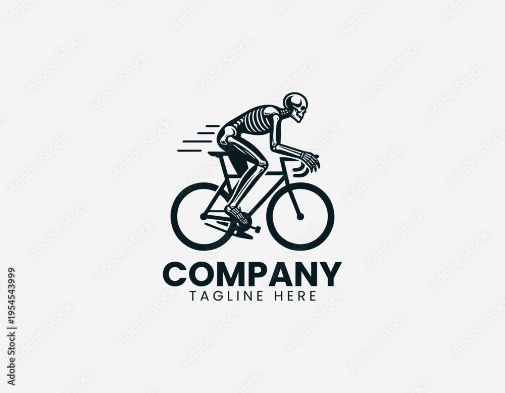 Fototapeta premium A human skeleton is illustrated riding a bicycle in a dynamic motion pose using clean modern black vector line art style on a white background