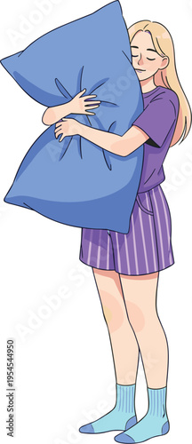 Young Woman Hugging Pillow Sleeping Comfort Relaxation Bedtime Cozy Lifestyle Vector Illustration Character Design