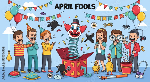 Children celebrating april fools' day with a jack in the box clown surrounded by colorful decorations and prank items