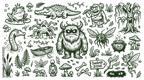 Hand drawn swamp monster doodle set with mythical creatures and forest elements
