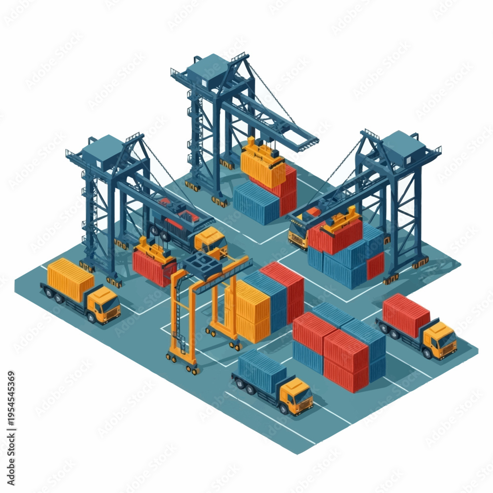 Ταπετσαρία Isometric illustration of a busy container port with gantry cranes loading and unloading cargo ships and trucks