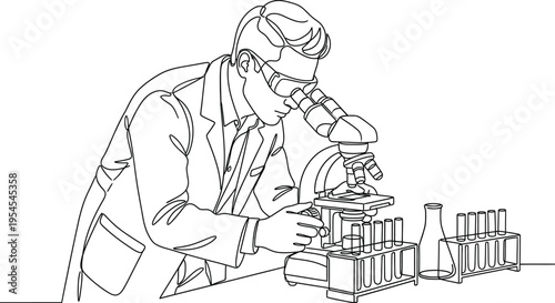 Continuous one line of a scientist peering through a microscope, drawn illustration