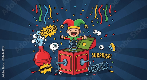 Jester surprises with boing and boom sounds on red box