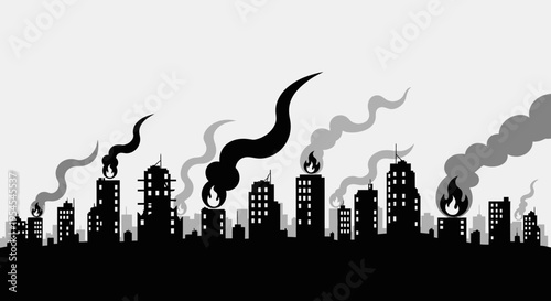 Burning city skyline silhouette vector illustration 