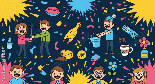 People celebrating with colorful confetti and drinks in a vibrant party atmosphere with joyful expressions