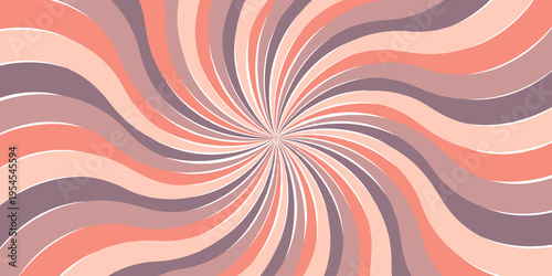 Abstract retro swirling liquid peach purple sunburst background, twisted psychedelic spiral rays in muted pastel color earthly tones