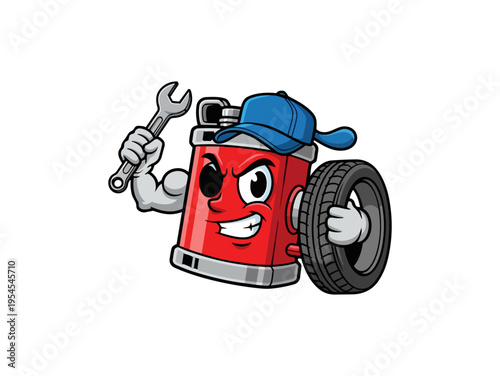 Cartoon mechanic character holding wrench tire and cap isolated on black background