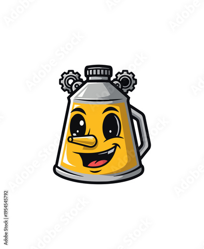 Cartoon oil can character with gears on dark background