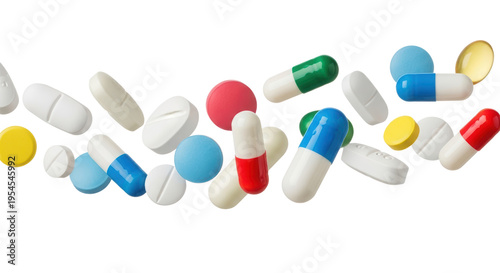 Assorted medical pills and capsules falling in mid-air, colorful pharmaceutical medication tablets, healthcare supplements and antibiotic drugs isolated PNG with Transparent Background
