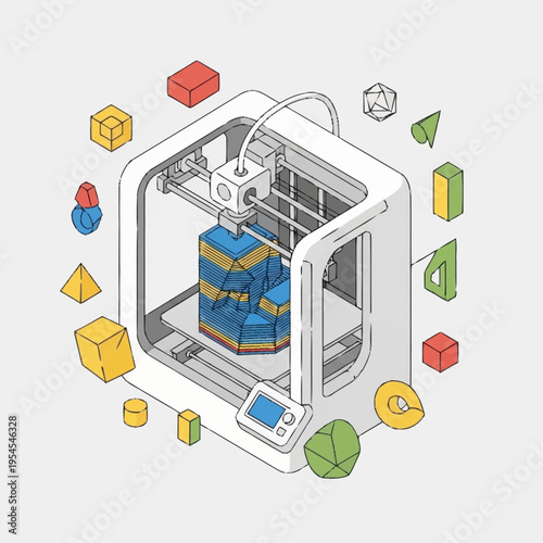 An isometric illustration of a 3D printer creating a layered object surrounded by various geometric shapes.