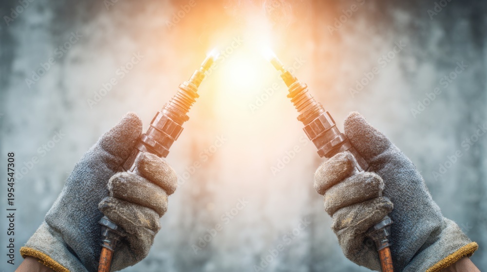 Fototapeta premium Hands Holding Welding Equipment with Sparks Emanating Against a Blurred Gray Background in an Industrial Setting