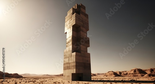 Abstract Brutalist Tower in Desert Landscape