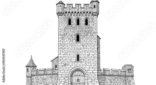 Medieval stone castle illustration isolated on white background with towers and gate