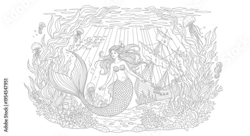 Mermaid swimming amongst seaweed and shipwrecks in the deep ocean