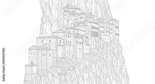 Monastery built into a cliffside monochrome illustration vector graphic