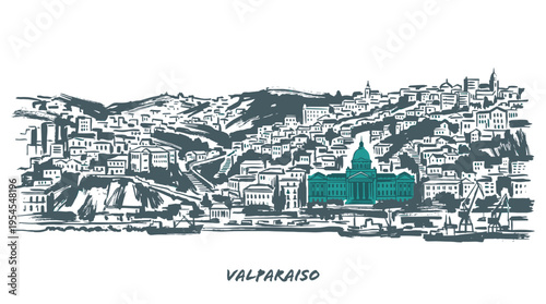 A detailed hand-drawn sketch of the Valparaiso cityscape, showcasing its hilly terrain and iconic buildings along the waterfront.