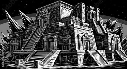 Ancient temple illustration in black and white with geometric architecture