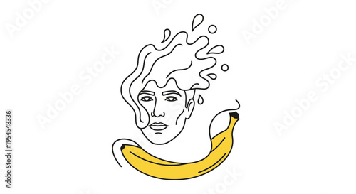 Surreal portrait of a man with banana and liquid splash, abstract concept art