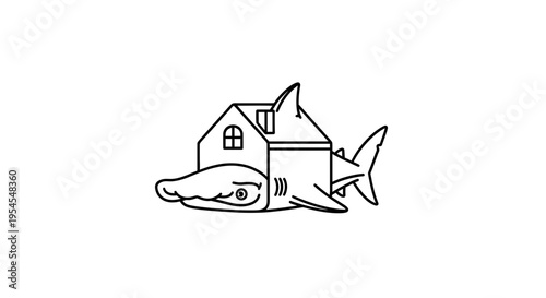 Surreal Shark House Hybrid Icon: Danger, Real Estate, and Unconventional Living Concept