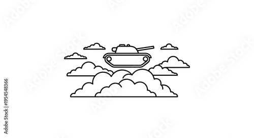 Surreal Tank Flying Above Clouds in Sky - Surrealism, War Concept