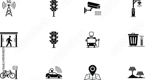 Collection of various city and transportation icons on a white background