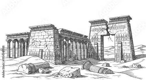 Ancient temple ruins illustration architectural detail and desert landscape