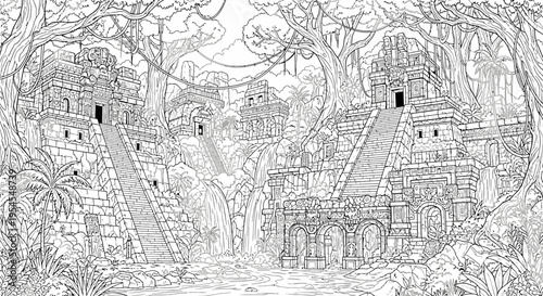 Ancient temple ruins illustration amidst lush jungle foliage artwork