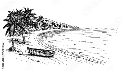 Vintage style summer beach sketch with palm trees boat and coastline hand drawn travel illustration