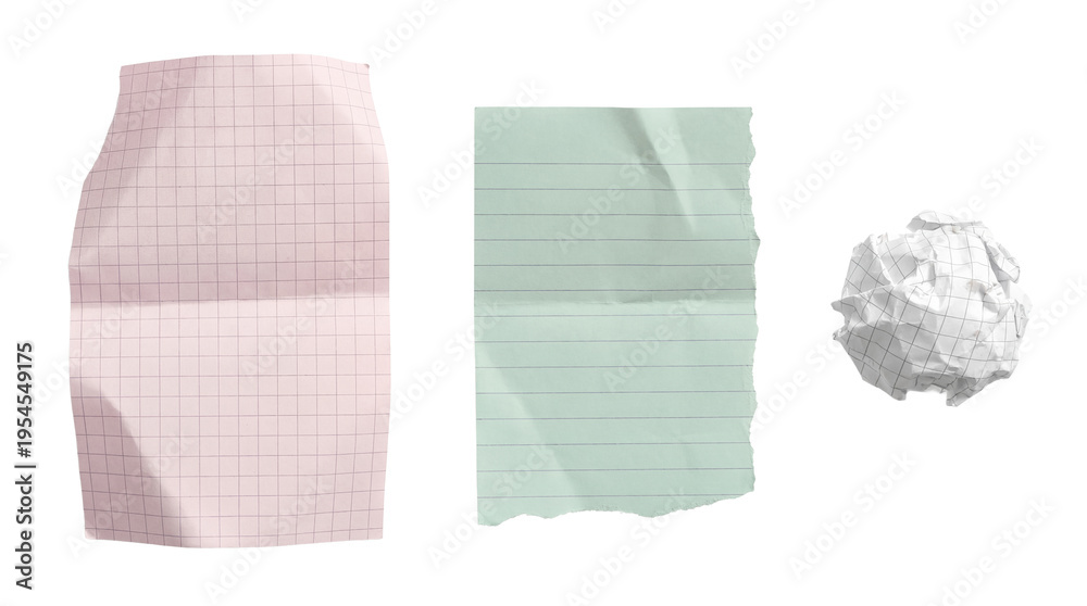 Αυτοκόλλητο A new collection of assorted paper elements including a torn green lined sheet, a wrinkled pink grid page