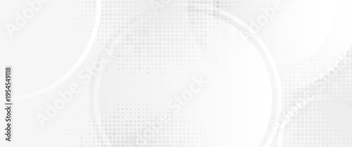 Abstract White and Grey Background with Soft Circular Geometric Shapes and Halftone Dot Pattern, Modern Minimalist Tech Backdrop for Corporate Presentation, Web Header, and Banner